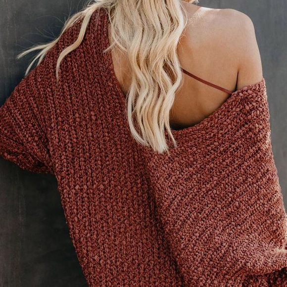 Cozy Rust off the shoulder v-neck sweater - Picture 2 of 5